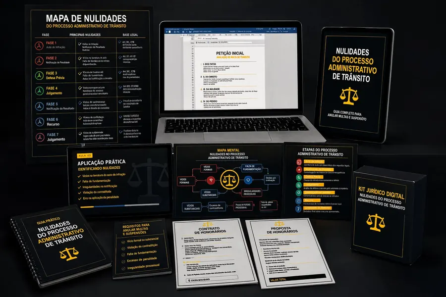 Mockup do Mapa de Nulidades: mapa, petições, livro digital, aulas e mapas mentais
