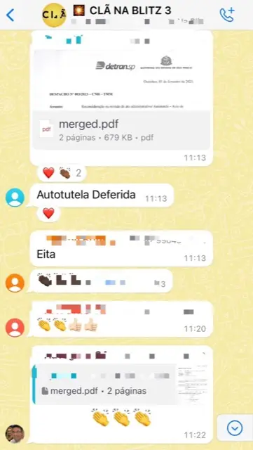 Print de WhatsApp: autotutela deferida no DETRAN de São Paulo
