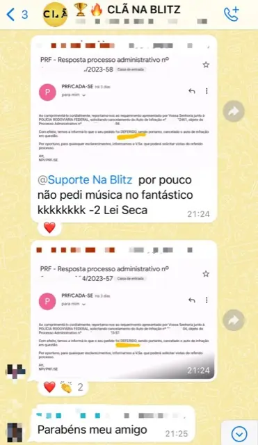 Print de WhatsApp: resultado em processo de Lei Seca
