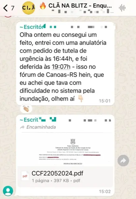 Print de WhatsApp: anulatória com tutela deferida no mesmo dia